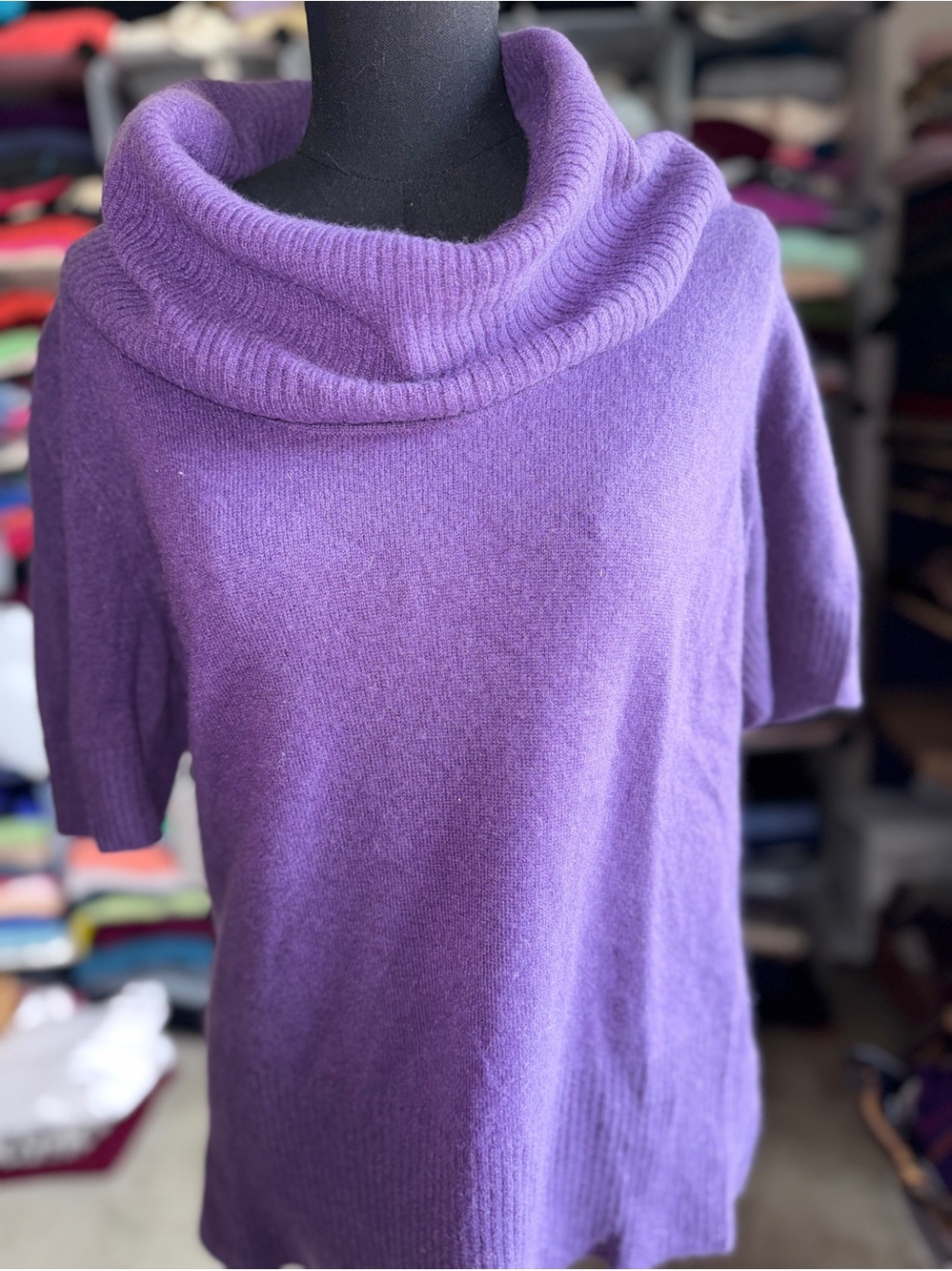 Women's Purple Cowl Neck Sweater, Short-Sleeved